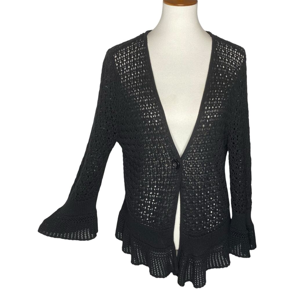 Jones New York Crochet Open Knit Cardigan Black Ruffle Peplum XL Boho Whimsigoth
